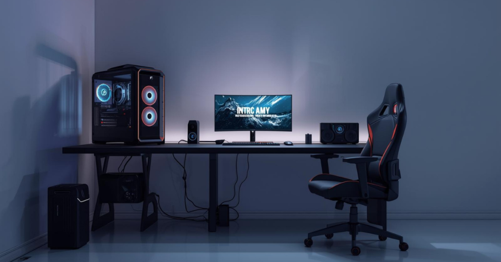 Professional gaming desk setup with clean layout, gaming PC, ergonomic chair, and organized workspace