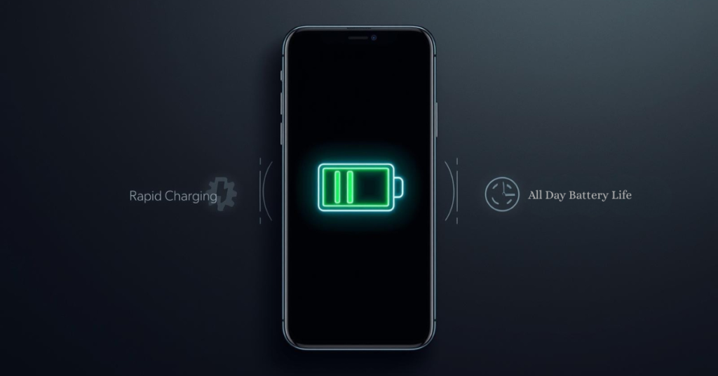 Smartphone battery life illustration showing fast charging and long-lasting power