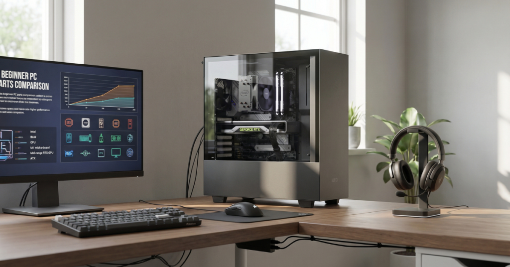 Beginner-friendly gaming PC desk setup with a mid-range PC featuring a transparent case, visible internal components, single monitor displaying system specs, mechanical keyboard, gaming mouse, and clean cable management in a modern minimalist room.