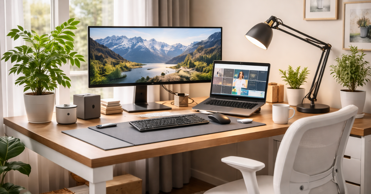 Modern home office desk setup with an ultrawide monitor, laptop, ergonomic chair, desk lamp, and indoor plants in a well-lit workspace.