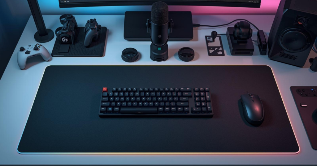 An advanced gaming setup for 2026 featuring a clear-side-panel PC with internal RGB lighting, a dual monitor arrangement, mechanical keyboard, and gaming mouse on a spacious desk, bathed in ambient blue light.