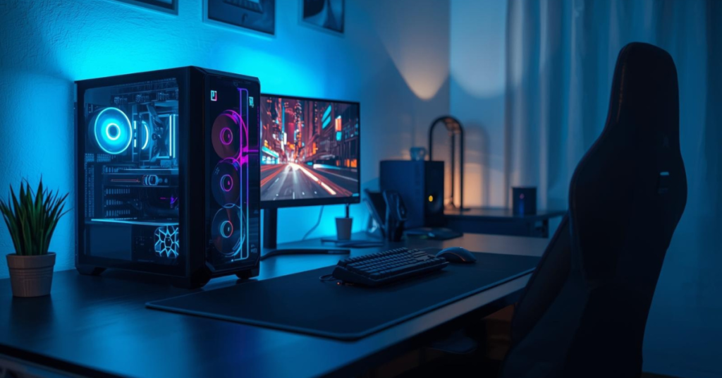 An advanced gaming setup for 2026 featuring a clear-side-panel PC with internal RGB lighting, a dual monitor arrangement, mechanical keyboard, and gaming mouse on a spacious desk, bathed in ambient blue light.