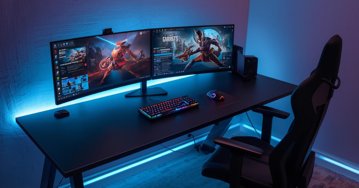 Modern gaming desk setup with dual monitors, RGB lighting, ergonomic chair, and organized accessories.