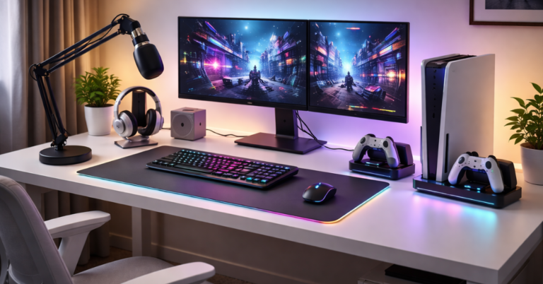 Modern 2026 gaming setup: a desk with an RGB mouse pad, a mechanical keyboard, dual monitors, gaming console, controllers, and streaming microphone in a clean minimalist room.