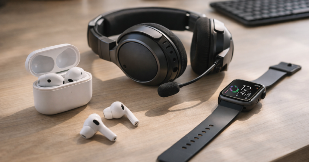 Modern audio devices on a desk setup including wireless earbuds, a gaming headset, and a smartwatch under natural lighting.