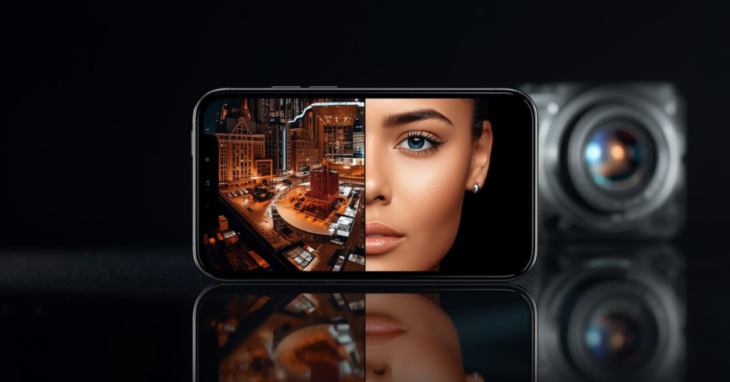 Split-screen comparison of iPhone 16 photos: low-light cityscape and daytime portrait, highlighting sharpness, clarity, and accurate colors.