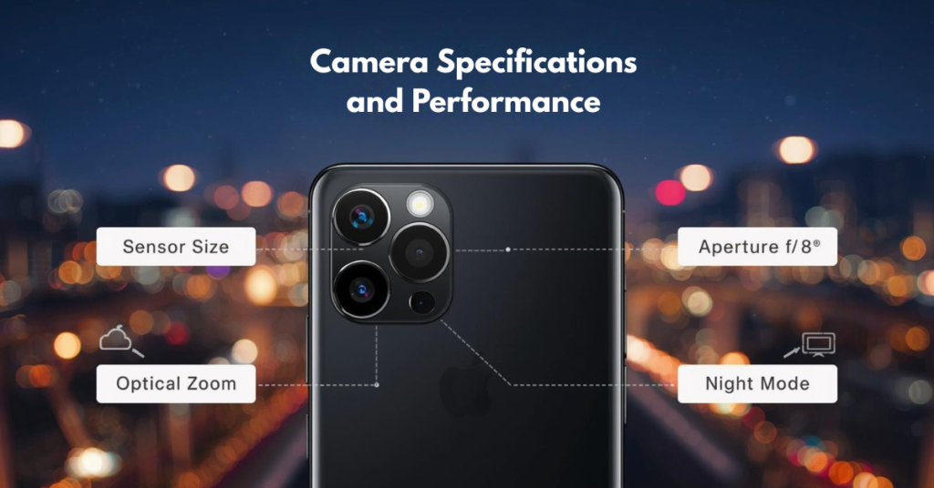 Close-up of smartphone camera lenses highlighting camera specifications and performance