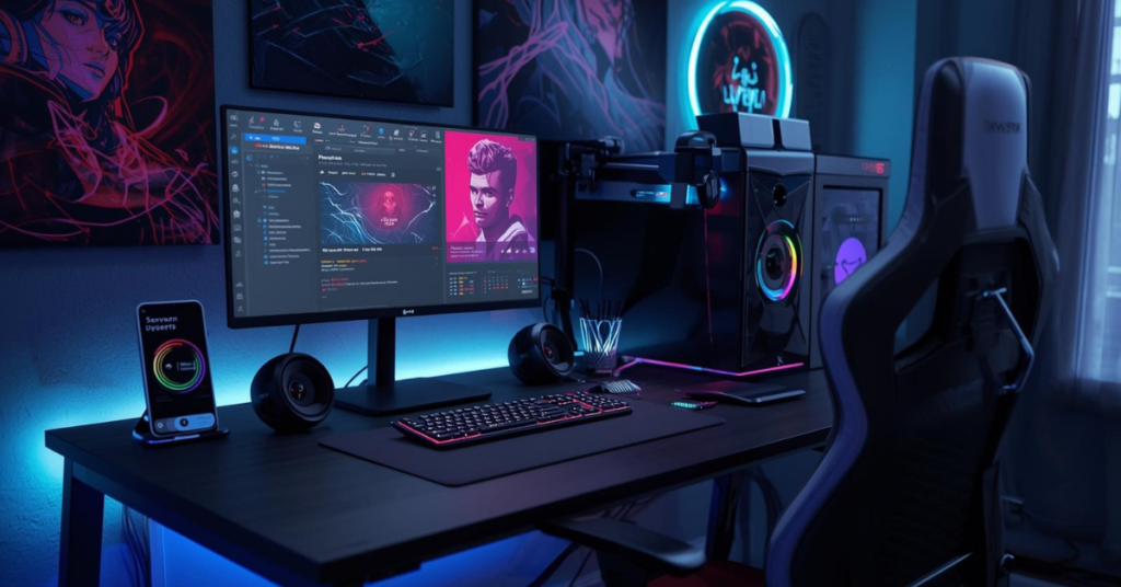 Minimalist gaming desk setup with ergonomic chair, triple monitors, RGB PC, and clean cable management in a modern, bright room.