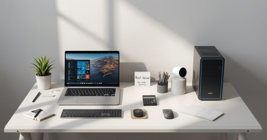 Budget-friendly laptop and desktop PC on a simple desk setup, showing a side-by-side comparison for choosing the right computer on a budget.