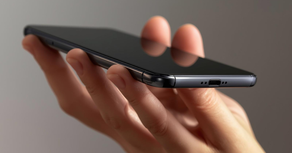 Close-up of iPhone 16 held in hand, showing slim bezels, smooth edges, and premium finish with soft lighting.