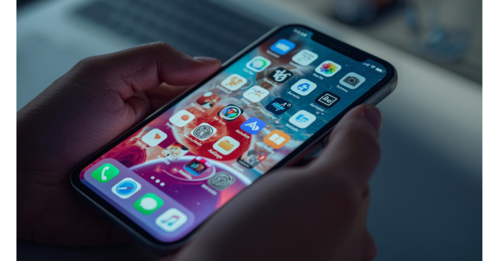 iPhone 16 display turned on with vibrant app icons, bright screen, and realistic reflections, held in hand over a modern workspace.