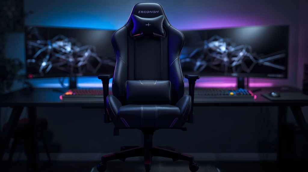 Ergonomic and comfortable black gaming chair with adjustable headrest and armrests, positioned at a modern gaming desk setup with dual monitors, a mechanical keyboard, gaming mouse, and RGB-lit PC, in a clean, minimalist room with natural lighting and organized cables.