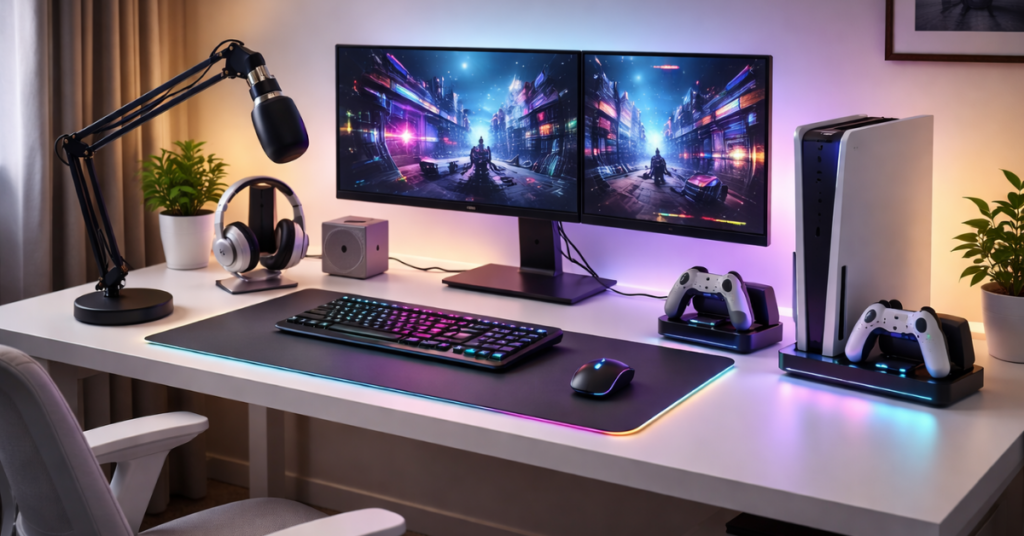 A modern gaming desk setup showcasing essential gaming accessories, including a mechanical keyboard, precision gaming mouse, dual high-refresh-rate monitors, a powerful RGB gaming PC, ergonomic chair, and clean cable management in a minimalist room with subtle LED lighting.