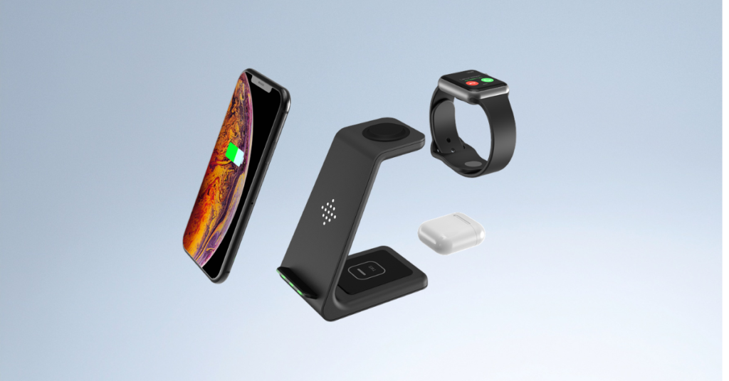 A sleek, compact fast wireless charging pad with a glowing LED indicator, positioned next to a smartphone, representing the importance of tech accessories.