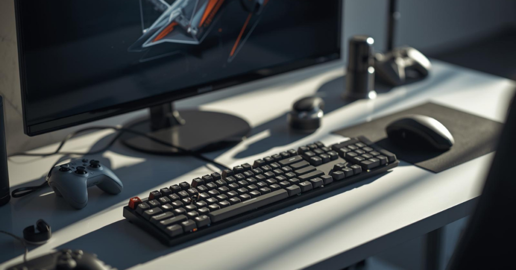 Mechanical clone gaming keyboard with RGB backlighting on a clean desk setup, highlighting compact layout and tactile key switches