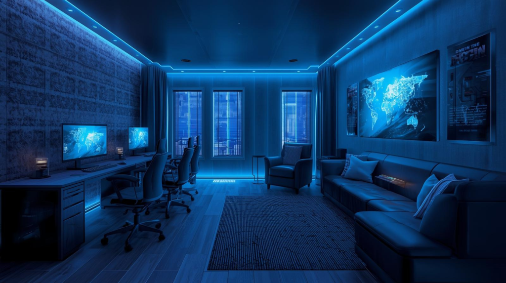 A cozy interior featuring warm ambient lighting, subtle LED strips, and soft shadows. The room includes wood and fabric textures, potted plants, and elegant pendant lights, creating a relaxing and inviting atmosphere.