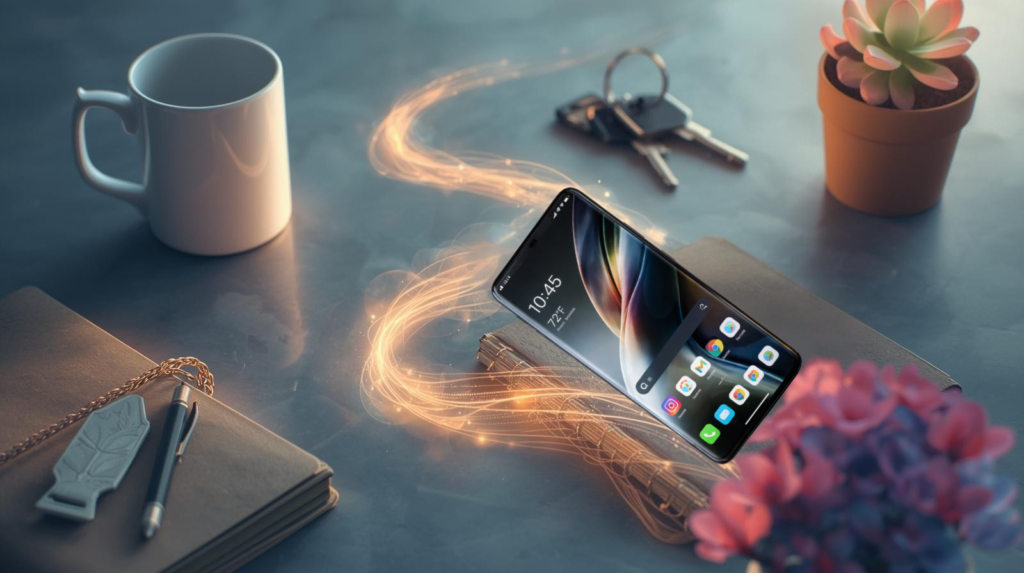 Google Pixel 8 Pro on a modern desk, showing home screen, natural lighting, lifestyle setup