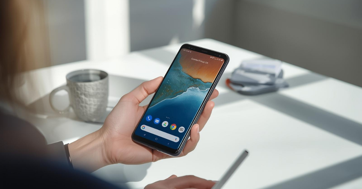 Google Pixel 8 Pro on a modern desk, showing home screen, natural lighting, lifestyle setup