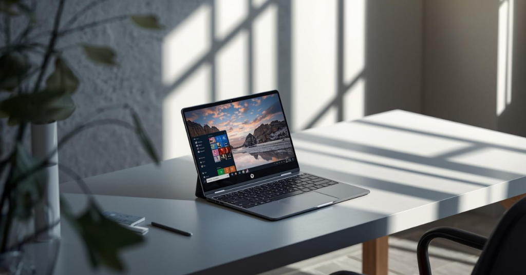 HP OmniBook X FLIP 16-inch laptop shown open on a desk, highlighting the large 2K touchscreen display and slim bezels in a clean workspace.