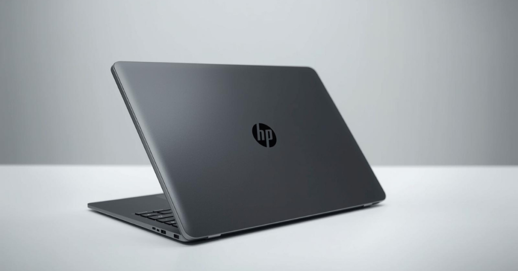 HP OmniBook X FLIP laptop displayed in a workspace with the HP logo visible on the lid, shown from a slight angle on a desk.