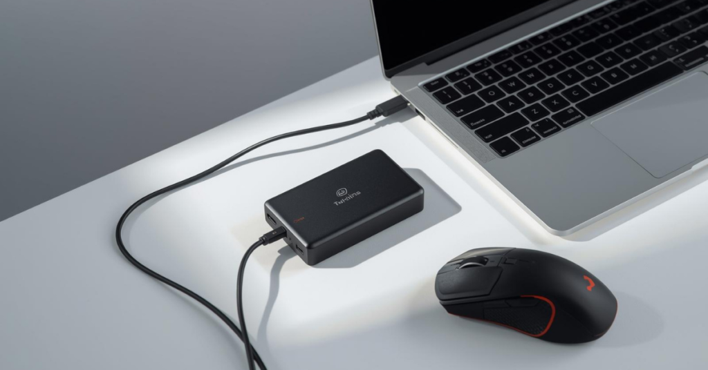 Modern desk setup with a high-capacity laptop power bank charging a laptop and gaming accessories on a clean, minimalist workspace.