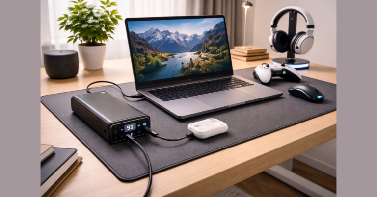 Anker 25,000mAh laptop power bank charging a laptop and gaming accessories on a clean desk setup