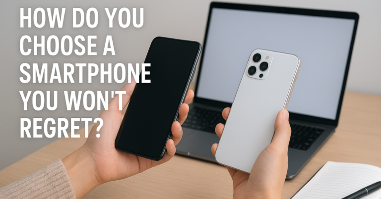 Hands comparing two smartphones on a desk with a laptop and notebook, representing thoughtful smartphone choice based on real usage needs rather than marketing claims.