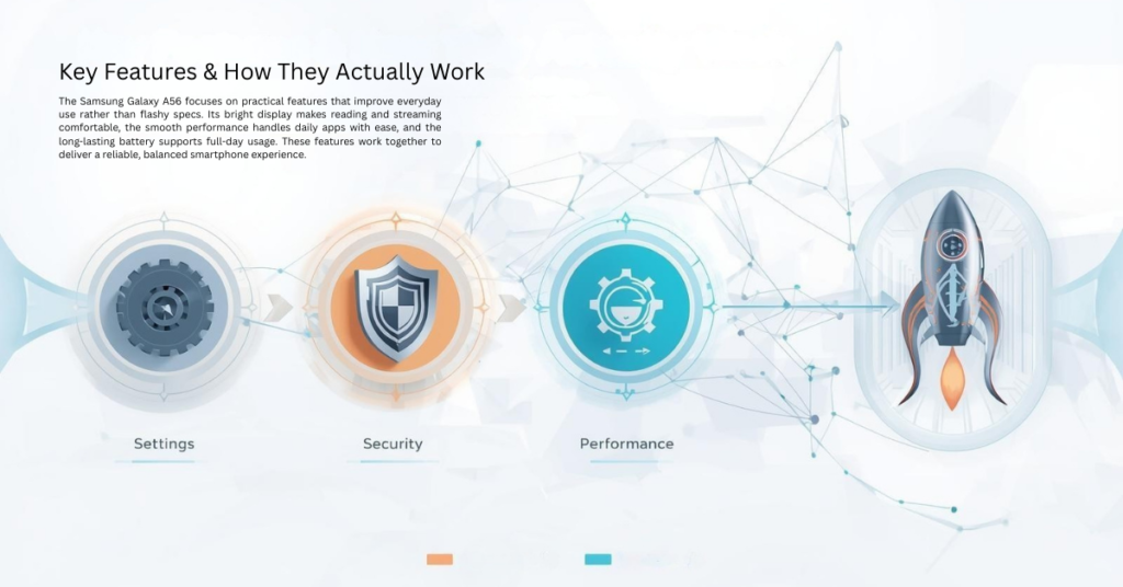 Samsung Galaxy A56 smartphone displayed upright with screen on, showing its design and size in a clean, modern setting