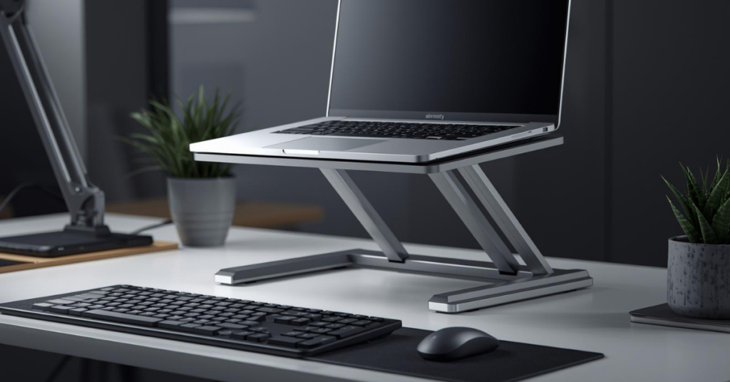 A clean professional desk with a laptop elevated on an adjustable aluminum stand, paired with an external keyboard and mouse for better ergonomics.