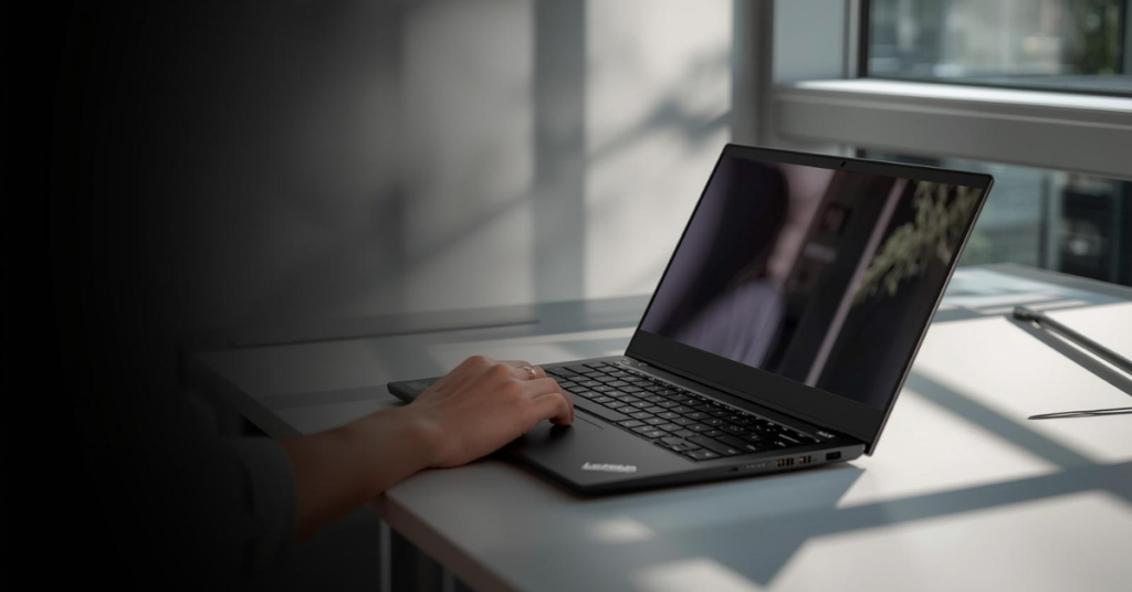 Lenovo ThinkPad T14 laptop open on a professional workspace desk