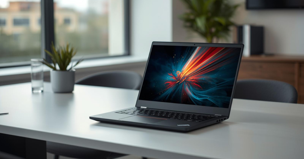 Lenovo ThinkPad T14 laptop open on a professional workspace desk