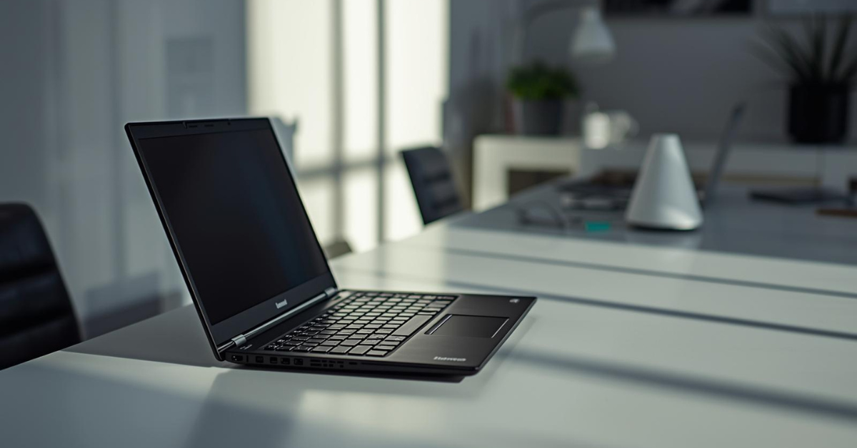 Lenovo ThinkPad T14 laptop open on a professional workspace desk