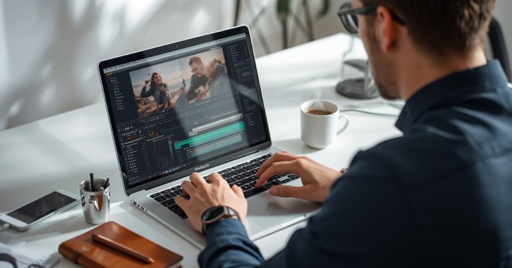 Professional using a MacBook Pro 16.2″ with M4 Max chip on a desk, illustrating long battery life for uninterrupted work with productivity apps.