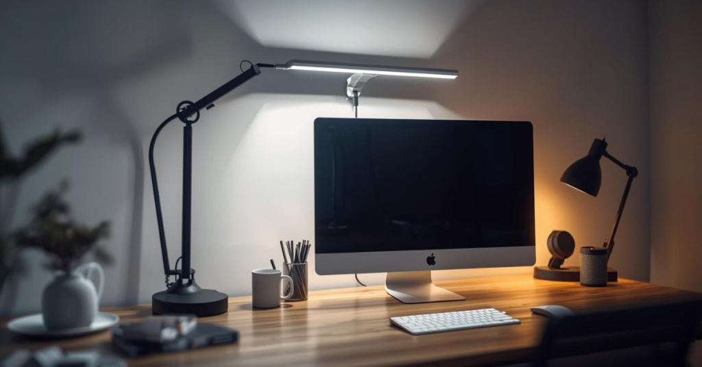 A minimalist desk setup with a widescreen monitor fitted with a slim monitor light bar, providing even desk illumination in a professional workspace.