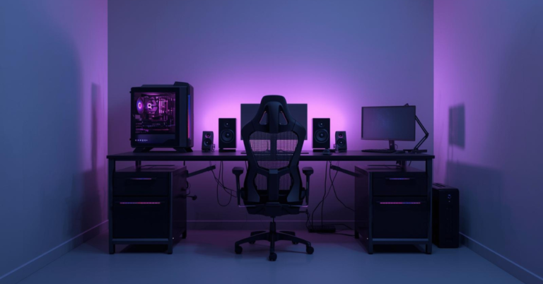 Professional gaming desk setup with clean layout, gaming PC, ergonomic chair, and organized workspace