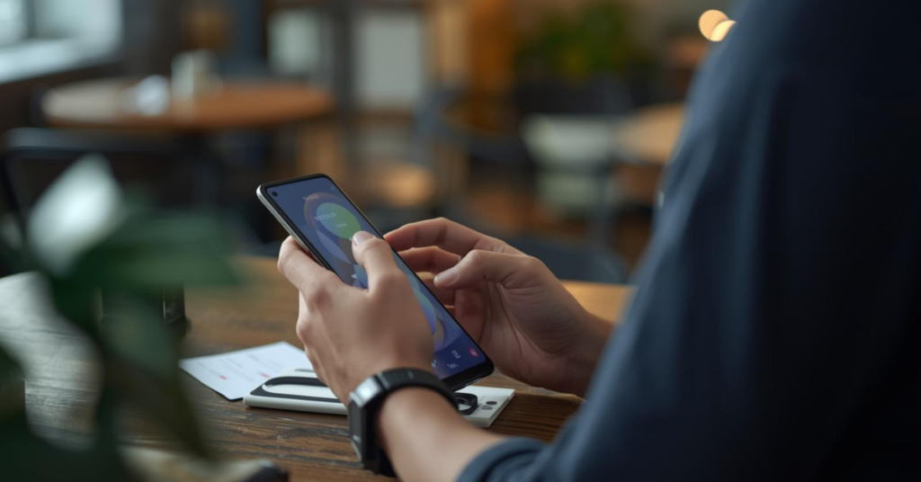Person casually using the Samsung Galaxy A56 in a real-life setting, showing everyday smartphone usage and handling