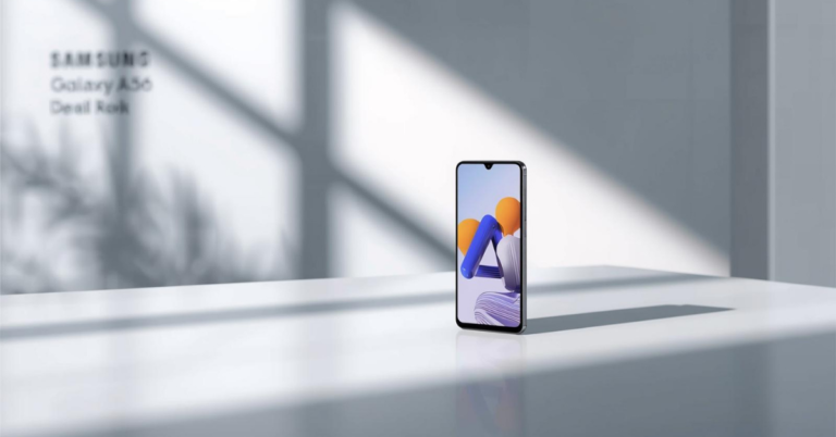 Samsung Galaxy A56 smartphone on desk showing home screen