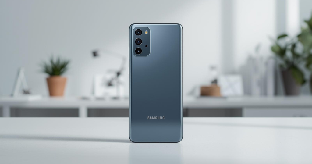 Back view of the Samsung Galaxy S25 smartphone showing its sleek design, large AMOLED display, and slim profile.