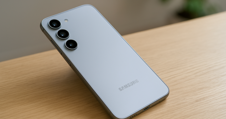 Back view of the Samsung Galaxy S25 smartphone showing its sleek design, large AMOLED display, and slim profile.