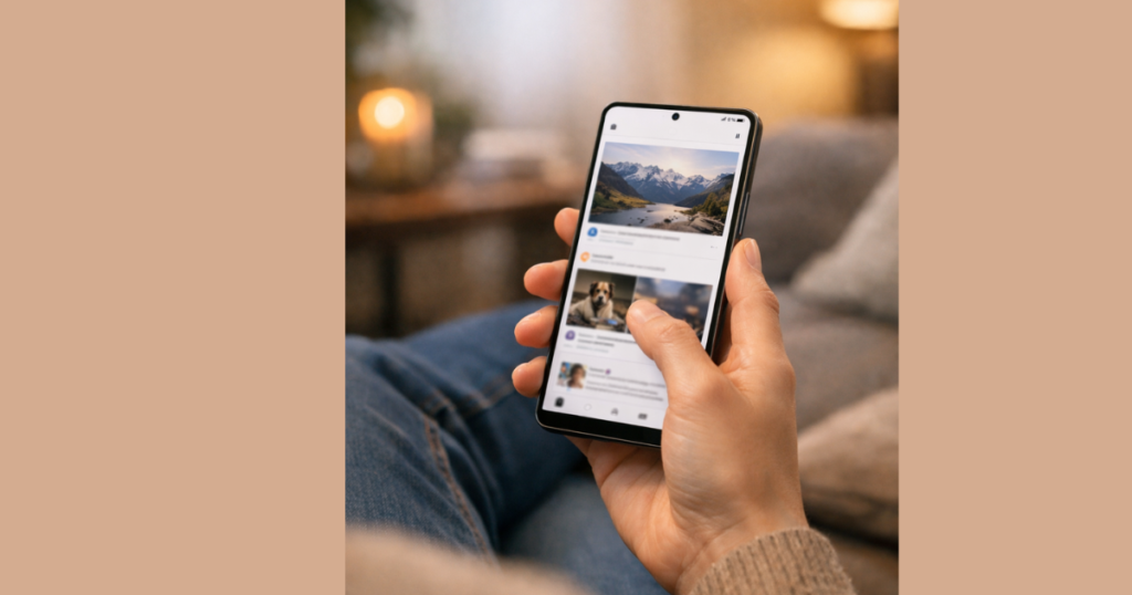 Person casually using a Samsung Galaxy S25 with one hand while sitting on a couch in a softly lit living room, scrolling through a social media feed, showing real-world everyday smartphone usage and comfortable one-handed experience.