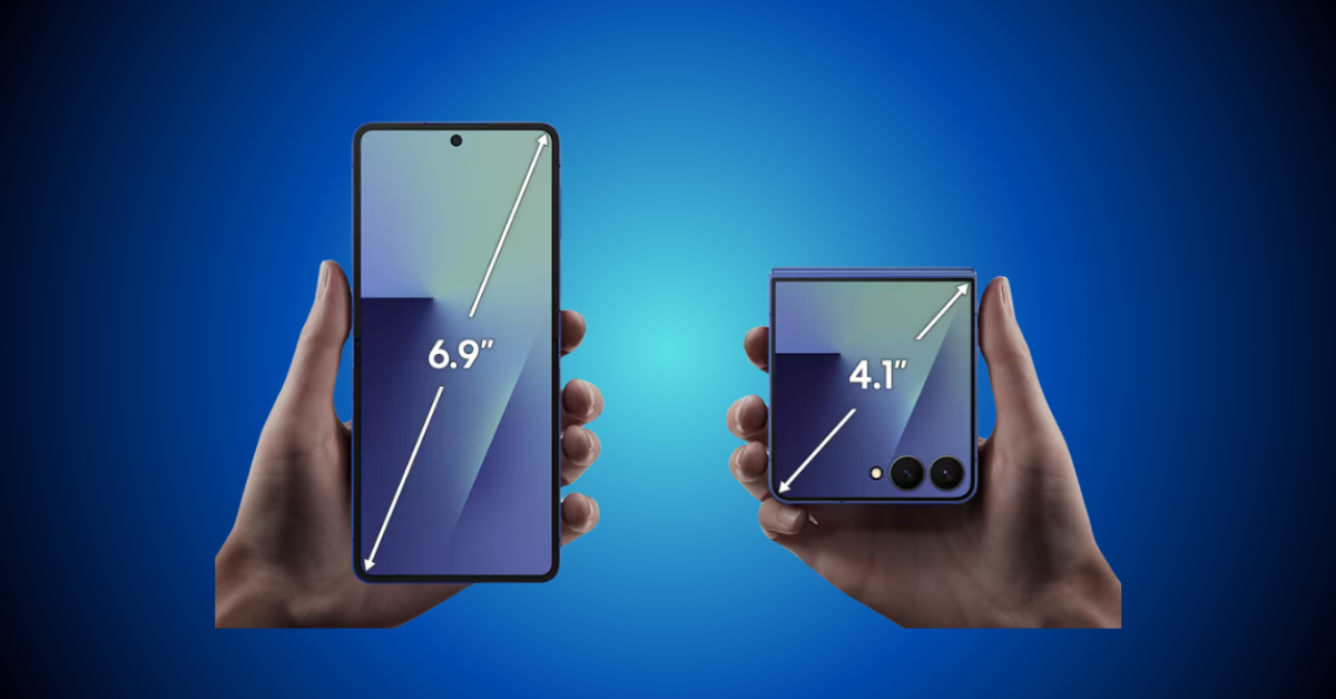 An image showing the Samsung Galaxy Z Flip 7 foldable phone in both closed and open positions, highlighting its compact design and flexible screen on a light-gray background.