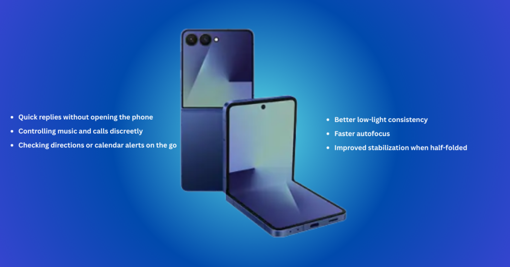 An image showing the Samsung Galaxy Z Flip 7 foldable phone in both closed and open positions, highlighting its compact design and flexible screen on a dark gradient background.