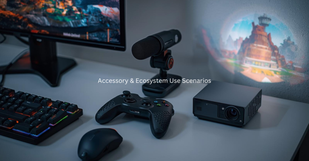 A realistic desk setup featuring a mechanical gaming keyboard with RGB lighting, a controller with rubber grips, a streaming microphone on a boom arm, and a mini projector casting a game screen on the wall.