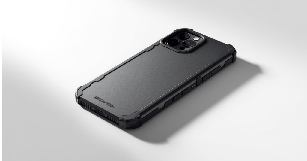 A minimalist flat-lay of a matte black phone case, keys, and a coffee cup, suggesting everyday protection, representing the importance of tech accessories.