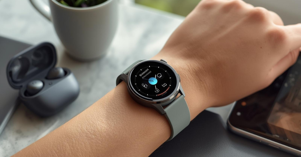 A person wearing a modern silver smartwatch displaying a music player, with wireless earbuds nearby, showcasing Android-compatible audio features in a casual setting.