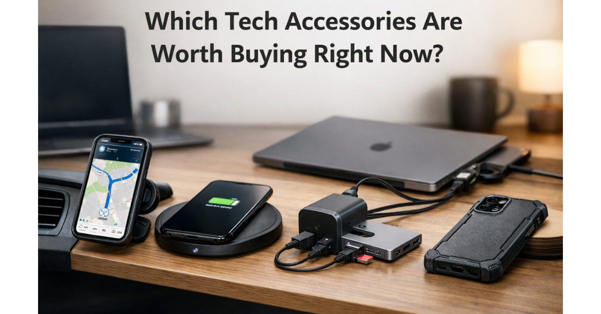 A curated collection of essential tech accessories including wireless headphones, a USB-C hub, an ergonomic mouse, a smartwatch, and a phone stand on a minimalist desk.