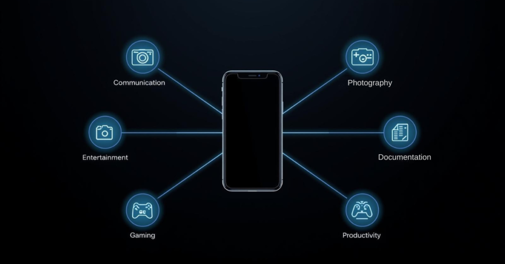 Smartphone usage categories illustrated with icons for communication, photography, gaming, entertainment, and productivity connected to a modern smartphone.