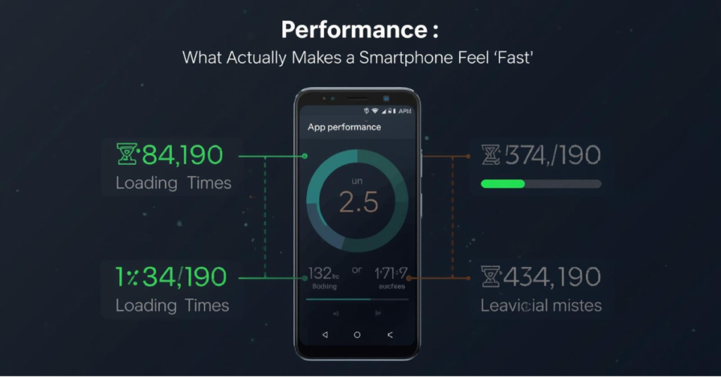 Smartphone performance comparison showing processor, RAM, and app loading speed indicators to explain what makes a phone feel fast in everyday use