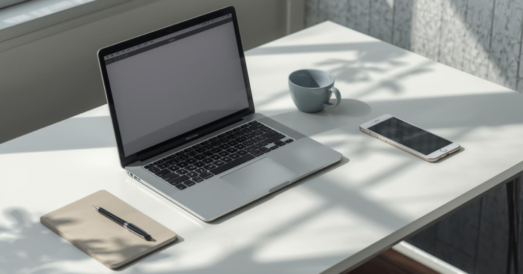 MacBook Pro 16.2-inch with M4 Max chip on a modern desk, showing a large display and sleek aluminum design in a professional workspace setup.