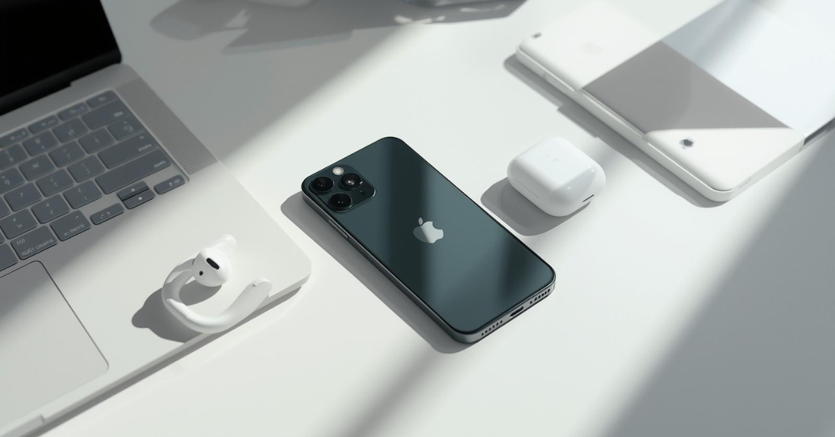 Apple iPhone 16 on a modern desk with AirPods and MacBook, highlighting its sleek design and minimalist setup.
